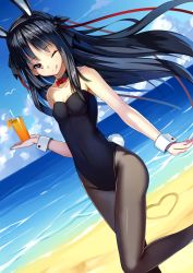 Rule 34 | 1girl, ;q, animal ears, bad id, balancing, bare shoulders, beach, black hair, black pantyhose, bow, bowtie, breasts, cloud, collar, collarbone, crazyodin, day, drink, drinking straw, dutch angle, fake animal ears, food, fruit, heart, highres, leotard, long hair, machine-doll wa kizutsukanai, one eye closed, orange (fruit), orange slice, outdoors, pantyhose, playboy bunny, rabbit ears, rabbit tail, red eyes, ribbon, small breasts, solo, standing, standing on one leg, tail, tongue, tongue out, water, wink, wrist cuffs, yaya (machine-doll)