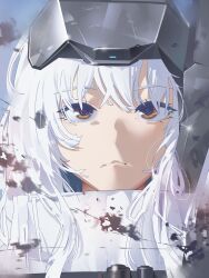 Rule 34 | 1girl, absurdres, blood, cloak, closed mouth, commentary request, expressionless, gloomyowl, goddess of victory: nikke, hair between eyes, highres, long hair, looking at viewer, orange eyes, portrait, snow white (nikke), solo, visor (armor), visor lift, white cloak, white hair