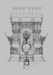 Rule 34 | 1other, amygdala (bloodborne), artist name, bloodborne, chair, coat, facing viewer, greyscale, hat, highres, hunter (bloodborne), monochrome, moon, sitting, solo, statue, tricorne, tripdancer, unfinished, weapon
