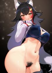 Rule 34 | 1girl, animal ear fluff, animal ears, black background, black hair, blue bra, bottomless, bra, breasts, censored, cleavage, clothes lift, cowboy shot, dress, dress lift, female pubic hair, gradient background, hair ornament, highres, hololive, hololive gamers, kajimakoto, large breasts, long hair, long sleeves, looking at viewer, multicolored hair, navel, no panties, ookami mio, pubic hair, pussy, red hair, solo, standing, sweater, sweater dress, turtleneck, two-tone hair, underwear, virtual youtuber, wolf ears, yellow eyes