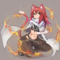 Rule 34 | 1girl, abs, animal ears, bandages, bandaged arm, belt, boots, cape, cat ears, cat tail, chain, fire, full body, long hair, orange eyes, original, red hair, ryota tentei, solo, tail