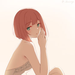 Rule 34 | 1girl, alternate eye color, ark royal (kancolle), bob cut, emia wang, from side, green eyes, kantai collection, no hairband, parted lips, pink background, red hair, short hair, solo, twitter username