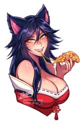 Rule 34 | 1girl, ahri (league of legends), animal ears, artist name, breasts, cleavage, fangs, food, hair between eyes, highres, holding, holding food, holding pizza, iahfy, large breasts, league of legends, long hair, looking at viewer, patreon username, pizza, pizza slice, simple background, slit pupils, solo, teeth, tongue, tongue out, twitter username, upper body, white background, yellow eyes