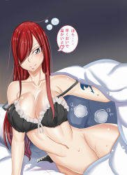Rule 34 | 1girl, bare shoulders, bed, black eyes, blush, bra, breasts, cleavage, curvy, erza scarlet, fairy tail, highres, large breasts, long hair, looking at viewer, panties, red hair, smile, solo, sweat, tattoo, underwear, wide hips