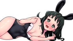 Rule 34 | 1girl, alternate costume, animal ears, blush, breasts, cleavage, embarrassed, green eyes, green hair, highres, kimetsu no yaiba, kwrrrrrr, leotard, looking at viewer, lying, makomo (kimetsu), nervous smile, on side, rabbit ears, simple background, small breasts, smile, solo, transparent background, wavy mouth, white background