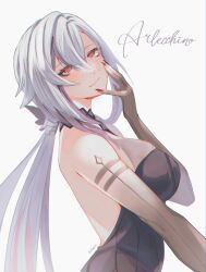 Rule 34 | 1girl, aoiabyss, arlecchino (genshin impact), arm tattoo, backless outfit, backless shirt, bare shoulders, black shirt, breasts, character name, commentary request, genshin impact, grey background, grey hair, grin, highres, large breasts, long hair, looking at viewer, low ponytail, nail polish, parted lips, red nails, shirt, sleeveless, sleeveless shirt, smile, solo, tattoo, upper body, very long hair