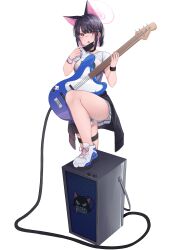 Rule 34 | 1girl, absurdres, animal ears, black hair, black mask, black wristband, blue archive, blue footwear, breasts, cat ears, colored inner hair, commentary request, electric guitar, full body, guitar, hair ornament, hairclip, halo, hand up, highres, holding, holding instrument, instrument, kazusa (band) (blue archive), kazusa (blue archive), large breasts, looking ahead, mask, mask pull, medium hair, mouth mask, multicolored hair, open mouth, pink hair, pink halo, pleated skirt, shiwa (jired1234), shoes, simple background, skirt, sneakers, solo, speaker, standing, standing on one leg, thigh strap, thighs, white background, white skirt