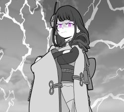 Rule 34 | 1girl, blunt bangs, commentary request, crossed arms, genshin impact, greyscale, hair ornament, highres, japanese clothes, lightning, long hair, looking at viewer, low ponytail, mole, mole under eye, monochrome, obi, pandramodo, purple eyes, raiden shogun, sash, sidelocks, solo, wide sleeves