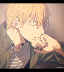 Rule 34 | 1boy, blonde hair, blurry, casual, closed eyes, collarbone, commentary request, depth of field, gradient background, green jacket, grey background, grey shirt, hair between eyes, jacket, jewelry, kise ryouta, kuroko no basuke, letterboxed, male focus, mashima shima, open clothes, open jacket, ring, shirt, short hair, solo, twitter username, upper body