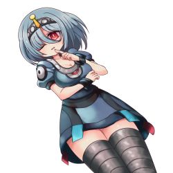 Rule 34 | 1girl, ;d, alternate color, blush, bob cut, borokuro, breast hold, breasts, bridal gauntlets, bright pupils, cleavage, collarbone, creatures (company), dress, dutch angle, eyeball, facing viewer, finger to mouth, game freak, gen 4 pokemon, grey hair, grey hairband, grey theme, grey thighhighs, hairband, highres, looking at viewer, magnezone, medium breasts, nintendo, one eye closed, open mouth, pokemon, pokemon (creature), pokemon dppt, puffy short sleeves, puffy sleeves, red eyes, shiny skin, short dress, short hair, short sleeves, simple background, smile, solo, standing, tareme, taut clothes, taut dress, thighhighs, white background, wristband, zettai ryouiki