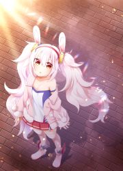 Rule 34 | 1girl, absurdres, animal ears, azur lane, breasts, dani (kamenoaru), fake animal ears, from above, full body, hair between eyes, highres, jacket, laffey (azur lane), long hair, looking at viewer, looking up, miniskirt, open clothes, open jacket, pink jacket, pleated skirt, rabbit ears, red skirt, rudder footwear, shadow, skirt, small breasts, solo, standing, thighhighs, twintails, very long hair, white thighhighs, yellow eyes