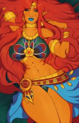 Rule 34 | 1girl, abs, armlet, big hair, blue lips, blue nails, bracelet, breasts, circlet, curvy, dark-skinned female, dark skin, earrings, eyeshadow, gerudo, highres, hoop earrings, jewelry, large breasts, legs together, lipstick, long hair, long nose, looking at viewer, makeup, milkcubusss, muscular, muscular female, nail polish, narrow waist, navel, neck ring, nintendo, nose, pointy ears, red hair, sarong, solo, the legend of zelda, the legend of zelda: breath of the wild, thick eyebrows, thick thighs, thighs, urbosa, wide hips
