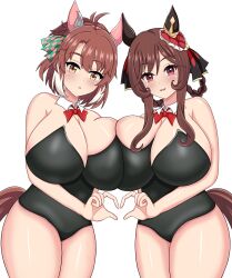 Rule 34 | 2girls, ahoge, animal ears, asymmetrical docking, bare shoulders, black leotard, bow, bowtie, braided hair rings, breast press, breasts, brown hair, cleavage, commentary request, cowboy shot, dantsu flame (umamusume), detached collar, ear covers, ear ornament, gentildonna (umamusume), heart, heart hands, heart hands duo, highres, horse ears, horse girl, horse tail, huge breasts, leotard, messy hair, multicolored hair, multiple girls, red bow, red bowtie, red eyes, simple background, strapless, strapless leotard, streaked hair, tail, umamusume, white background, white hair, yawasiriwaowao19, yellow eyes
