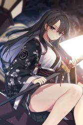 Rule 34 | 1girl, bare legs, black eyes, black hair, highres, holding, holding sword, holding weapon, japanese clothes, kimono, looking at viewer, mendou kusai, sitting, solo, source request, sword, thighs, weapon