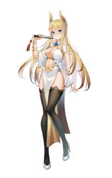 Rule 34 | 1girl, absurdres, azur lane, black thighhighs, blonde hair, blue eyes, breasts, dress, folding fan, full body, hand fan, hand up, high heels, highres, holding, holding fan, large breasts, long hair, looking at viewer, official alternate costume, parted lips, pelvic curtain, short sleeves, simple background, solo, standing, stomach, thighhighs, thighs, very long hair, victorious (azur lane), victorious (guidance of the spring goddess) (azur lane), white background, white dress, white footwear, zest (watts99)