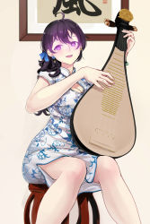 Rule 34 | 1girl, absurdres, ahoge, beifeng han, biwa lute, black hair, breasts, china dress, chinese clothes, cleavage, cleavage cutout, clothing cutout, dress, earrings, glowing, glowing eyes, hair between eyes, highres, instrument, jewelry, large breasts, long hair, looking at viewer, lute (instrument), miyaura sanshio, music, open mouth, original, playing instrument, purple eyes, sitting, smile, solo