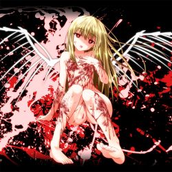 Rule 34 | 1girl, bad id, bad pixiv id, barefoot, blonde hair, blood, blood splatter, collarbone, fallen angel, feet, hand on own chest, long hair, nude, original, red eyes, sitting, solo, tongue, tongue out, very long hair, wings, yua (checkmate)
