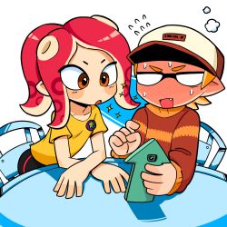 Rule 34 | 1boy, 1girl, badge, baseball cap, bike shorts, blank eyes, blush, button badge, chair, crossed arms, fang, flying sweatdrops, full-face blush, hat, highres, holding, holding phone, inkling, inkling boy, inkling player character, lakilolom, long sleeves, looking at another, mask, medium hair, nintendo, octoling, octoling girl, octoling player character, open mouth, orange eyes, orange hair, phone, red hair, shirt, short sleeves, single vertical stripe, sparkle, splatoon (series), suction cups, sweat, sweater, t-shirt, table, v-shaped eyebrows, yellow shirt