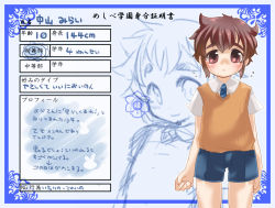 Rule 34 | 1boy, blue background, brown eyes, brown hair, character profile, commentary request, flying sweatdrops, looking at viewer, male focus, necktie, shorts, smile, solo, standing, sumitaso, sweater vest, translation request