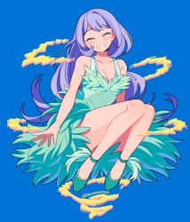 Rule 34 | 1girl, alternate costume, bare arms, bare shoulders, blue background, blush, boku no hero academia, breasts, cleavage, closed eyes, commentary, dress, facing viewer, full body, green dress, green footwear, hadou nejire, highres, long hair, mommorua, purple hair, simple background, sitting, smile, solo, very long hair