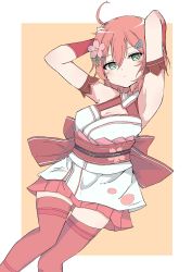 Rule 34 | 1girl, absurdres, ahoge, armband, armpits, arms up, belt, belt buckle, breasts, buckle, cherry blossom print, cherry blossoms, cleavage, cleavage cutout, closed mouth, clothing cutout, detached sleeves, floral print, flower, green eyes, hair between eyes, hair flower, hair ornament, hairclip, hand in own hair, hand on own head, highres, hololive, looking at viewer, miniskirt, nontraditional miko, orange background, pink hair, pink skirt, pink thighhighs, sakura miko, sakura miko (old design), sasakungoodsize, simple background, skirt, solo, thighhighs, virtual youtuber, zettai ryouiki