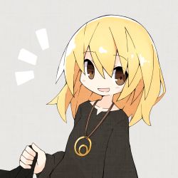 Rule 34 | 1girl, asameshi, black shirt, blush, brown eyes, casual, commentary, grey background, hair down, jewelry, kurodani yamame, long hair, long sleeves, looking at viewer, notice lines, open mouth, pendant, shirt, simple background, smile, solo, touhou, upper body