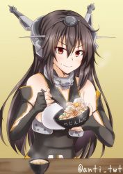 Rule 34 | &gt;:), 10s, 1girl, anti (untea9), black hair, blush, bowl, chopsticks, eating, fingerless gloves, food, food on face, gloves, gradient background, highres, jpeg artifacts, kantai collection, long hair, nagato (kancolle), simple background, solo, table, twitter username, v-shaped eyebrows