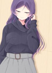 Rule 34 | 1girl, against wall, belt, black sweater, blush, casual, chiro (bocchiropafe), facing viewer, green eyes, hair down, half-closed eyes, hand in own hair, highres, houndstooth, long hair, long sleeves, love live!, love live! school idol festival, love live! school idol project, purple hair, ribbed sweater, skirt, smile, solo, sweater, tojo nozomi