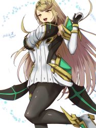 Rule 34 | 1girl, bare shoulders, black pantyhose, blonde hair, breasts, chest jewel, dress, earrings, elbow gloves, gem, gloves, headpiece, highres, jewelry, large breasts, long hair, mythra (massive melee) (xenoblade), mythra (xenoblade), pantyhose, short dress, simple background, solo, swept bangs, thigh strap, tiara, very long hair, white dress, white footwear, white gloves, xenoblade chronicles (series), xenoblade chronicles 2, yamamori kinako, yellow eyes