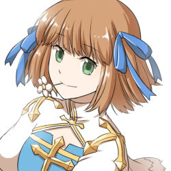 Rule 34 | 1girl, arch bishop (ragnarok online), blue dress, blue ribbon, brown hair, cleavage cutout, closed mouth, clothing cutout, commentary request, cross, dress, flower, flower in mouth, green eyes, hair ribbon, looking at viewer, natsuya (kuttuki), ragnarok online, ribbon, short hair, simple background, smile, solo, two-tone dress, upper body, white background, white dress, white flower