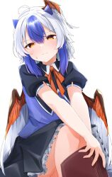 Rule 34 | 1girl, ahoge, ass, bird wings, black dress, blue dress, blue hair, blush, book, closed mouth, dress, feathered wings, frilled dress, frills, grey hair, gunsou1350, head wings, highres, holding, holding book, horns, multicolored hair, puffy short sleeves, puffy sleeves, short hair, short sleeves, simple background, single head wing, solo, tokiko (touhou), touhou, two-tone hair, white background, white wings, wings, yellow eyes