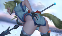 Rule 34 | 1girl, animal ears, ariverkao, ass, black panties, blonde hair, blue eyes, blurry, blurry background, breasts, dated, gloves, hand on own ass, holding, holding weapon, large breasts, leaning forward, lips, long hair, looking at viewer, looking back, original, outdoors, panties, partially fingerless gloves, patreon logo, polearm, ponytail, short sleeves, signature, solo, spear, tail, thighhighs, underwear, weapon
