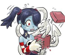 Rule 34 | 1girl, blue skin, box, colored skin, detached collar, detached sleeves, hair over one eye, leviathan (skullgirls), red eyes, side ponytail, skull, skullgirls, squigly (skullgirls), stitched mouth, stitches, striped, striped sleeves, zombie
