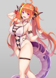 Rule 34 | 1girl, :d, bare shoulders, blush, bow, breasts, choker, cleavage, covered erect nipples, fang, hair ornament, hand up, head tilt, hololive, horn bow, horn ornament, horns, kiryu coco, long hair, looking at viewer, one-piece swimsuit, open mouth, orange hair, purple eyes, red choker, scrunchie, skin fang, skindentation, smile, solo, star (symbol), star hair ornament, swimsuit, tail, thigh strap, twintails, very long hair, virtual youtuber, white one-piece swimsuit, wrist scrunchie, zhen lu