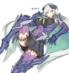 Rule 34 | 1girl, :o, black skirt, breasts, brynhildr (fate), fate/prototype, fate/prototype: fragments of blue and silver, fate (series), gauntlets, hair over one eye, huge breasts, knee up, large breasts, long hair, looking at viewer, lying, melon22, on back, open mouth, pleated skirt, purple eyes, purple thighhighs, silver hair, simple background, sketch, skirt, solo, thighhighs, tsurime, w, white background