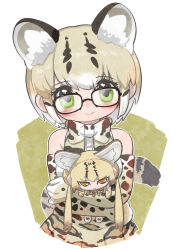 Rule 34 | 1girl, animal ears, bare shoulders, blonde hair, blush, bow, bowtie, brown hair, cat ears, cat girl, cat tail, character doll, doll, elbow gloves, extra ears, glasses, gloves, green eyes, high-waist skirt, highres, holding, holding doll, kemono friends, kuro (kurojill), margay (kemono friends), margay print, multicolored hair, ocelot (kemono friends), ocelot print, pleated skirt, print bow, print bowtie, print gloves, print skirt, short hair, skirt, sleeveless, tail, twintails, upper body, white hair