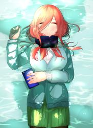 Rule 34 | 1girl, arm under breasts, black pantyhose, blue cardigan, blue sweater, breasts, brown hair, cardigan, cellphone, closed eyes, closed mouth, commentary request, dress shirt, go-toubun no hanayome, green skirt, hair between eyes, headphones, headphones around neck, highres, holding, holding phone, large breasts, long hair, lying, mojyu saico, nakano miku, on back, pantyhose, partially submerged, phone, pleated skirt, shirt, skirt, smartphone, smile, sweater, water, wet, white shirt