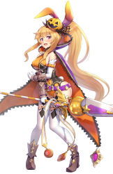 Rule 34 | 1girl, bare hips, blush, bow, bowtie, breasts, cloak, clothing cutout, covered navel, detached sleeves, dragalia lost, elbow gloves, elisanne, food-themed hair ornament, gasp, gloves, gonzarez, hair ornament, hair ribbon, halloween, halloween costume, highres, holding, holding polearm, holding weapon, lance, leotard, long hair, looking at viewer, medium breasts, navel, navel cutout, official alternate costume, playboy bunny, polearm, ponytail, pumpkin hair ornament, rabbit tail, ribbon, sideboob, sidelocks, solo, striped bow, striped bowtie, striped clothes, tail, thighhighshigh heel, thighs, very long hair, weapon, white background, white bow, white bowtie, white gloves, wrist cuffs