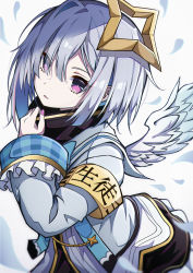 Rule 34 | 1girl, absurdres, amane kanata, amane kanata (1st costume), angel, angel wings, armband, bad id, bad pixiv id, blue hair, blunt bangs, blurry, blurry foreground, bob cut, dress, feathers, frills, from side, hair between eyes, halo, hand up, high collar, highres, hololive, jacket, long sleeves, medium hair, parted lips, pension z, purple eyes, sailor collar, short dress, sidelocks, single hair intake, solo, star halo, upper body, virtual youtuber, white background, wide sleeves, wings, wrist cuffs