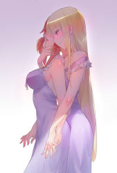 Rule 34 | 10s, 2girls, airrabbityan, alternate hairstyle, bare shoulders, blonde hair, blush, breasts, eyebrows, finger to another&#039;s mouth, frilled negligee, frills, from side, gradient background, hair down, hand on another&#039;s chin, hidden eyes, highres, holding hands, izetta, large breasts, long hair, multiple girls, nightgown, ortfine fredericka von eylstadt, parted lips, profile, purple background, purple eyes, red hair, seductive smile, shiny skin, short hair, shuumatsu no izetta, smile, strap slip, yuri