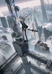 Rule 34 | 1girl, absurdres, animal, bird, black footwear, black jacket, blue eyes, boots, brown pantyhose, building, cityscape, cloud, commentary, floating hair, from behind, grey hair, hair between eyes, halo, hand up, highres, holding, holding polearm, holding weapon, hood, hood down, hooded jacket, jacket, long hair, long sleeves, looking at viewer, looking back, open clothes, open jacket, original, outdoors, pantyhose, polearm, radio tower, scenery, sky, skyscraper, solo, spear, standing, swav, very long hair, weapon