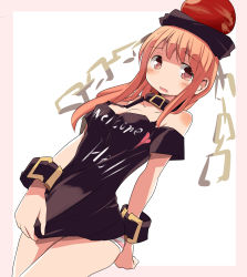 Rule 34 | 1girl, bare shoulders, black hat, blush, bracelet, breasts, chain, cleavage, clothes writing, embarrassed, hat, hecatia lapislazuli, highres, jewelry, long hair, looking at viewer, looking to the side, mukuroi, no pants, off-shoulder shirt, off shoulder, open mouth, panties, pink eyes, pink hair, shirt, simple background, solo, standing, striped clothes, striped panties, surprised, t-shirt, touhou, underwear