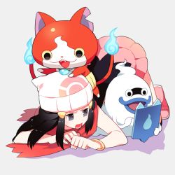 Rule 34 | 10s, 1girl, beanie, black hair, blue lips, boots, cat, creatures (company), dawn (pokemon), game freak, ghost, gum (gmng), hair ornament, hairclip, haramaki, hat, jibanyan, multiple tails, nintendo, notched ear, pokemon, red scarf, scarf, skirt, tablet pc, tail, two tails, whisper (youkai watch), traditional youkai, youkai watch