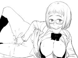 Rule 34 | 1girl, akatsuki katsuie, arm support, black socks, blazer, blush, bottomless, bow, bowtie, breasts, breasts out, curvy, eyebrows, female masturbation, fingering, glasses, groin, hanging breasts, jacket, kiseijuu, kneehighs, large breasts, licking lips, looking at viewer, lying, masturbation, monochrome, motion lines, naughty face, nipples, on side, open clothes, pussy juice, school uniform, short hair, simple background, sketch, socks, solo, spread legs, sweat, thick eyebrows, tongue, tongue out, white background