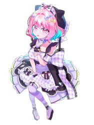 Rule 34 | 1girl, :3, absurdres, ahoge, aqua hair, armband, beret, black bow, black hat, black wristband, bob cut, bow, breasts, cleavage, cleavage cutout, clothing cutout, collarbone, colored inner hair, detached collar, doki (dokidoki 3939), dress, from above, gloves, hair between eyes, hair bow, hair intakes, hair ornament, hat, hat bow, heart, heart-shaped eyes, heart cutout, highres, idolmaster, idolmaster cinderella girls, idolmaster cinderella girls starlight stage, lace trim, large breasts, looking at viewer, middle finger, multicolored hair, open mouth, pink eyes, pink hair, plaid, plaid bow, plaid dress, plaid footwear, plaid ribbon, platform footwear, purple armband, purple bow, purple dress, purple footwear, purple gloves, purple ribbon, purple thighhighs, ribbon, shirt, simple background, skull ornament, sleeveless, sleeveless shirt, smile, solo, star (symbol), star hair ornament, thighhighs, two-tone hair, white background, yellow bow, yume kawaii, yumemi riamu