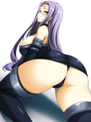 Rule 34 | 1girl, ass, bare shoulders, breasts, brown eyes, elbow gloves, fate/stay night, fate (series), glasses, gloves, large breasts, long hair, medusa (fate), medusa (rider) (fate), panties, pantyshot, purple hair, simple background, solo, thighhighs, thong, underwear, upskirt, wakame, white background