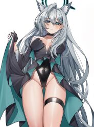 Rule 34 | 1girl, absurdres, ahoge, animal ears, black choker, black dress, black gloves, black jacket, black leotard, blue archive, blue eyes, breasts, breasts apart, choker, clothes lift, covered navel, cropped jacket, dress, dress lift, extra ears, gloves, gluteal fold, grey hair, groin, hair ornament, halo, highleg, highleg leotard, highres, jacket, large breasts, leotard, leotard under clothes, lifting own clothes, long dress, long sleeves, mismatched pupils, nanni jjang, open clothes, open jacket, parted lips, shiroko (blue archive), shiroko terror (blue archive), simple background, skindentation, solo, standing, thigh strap, thighs, white background, wolf ears