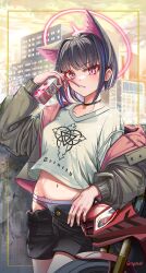 Rule 34 | 1girl, animal ears, black choker, black hair, black jacket, black shorts, blue archive, cat ears, choker, collarbone, colored inner hair, cowboy shot, drink, drinking straw, halo, highres, holding, holding drink, jacket, kazusa (blue archive), long sleeves, motor vehicle, motorcycle, multicolored hair, navel, pink eyes, pink hair, pink halo, shirt, short hair, shorts, slow 2pin, solo, twitter username, white shirt