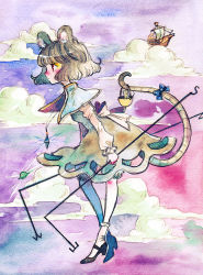 Rule 34 | 1girl, animal ears, capelet, cloud, dowsing rod, flying saucer, grey hair, jewelry, mouse (animal), mouse ears, mouse tail, nazrin, painting (medium), palanquin ship, pendant, red eyes, shimi (egi), shimi (yaminabe dinner), ship, short hair, sky, solo, spacecraft, tail, touhou, traditional media, ufo, watercolor (medium), watercraft