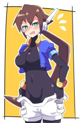 Rule 34 | 1girl, absurdres, aile (mega man zx), black bodysuit, blush, bodysuit, breasts, brown hair, buzzlyears, clothes pull, cropped jacket, female focus, green eyes, heart, highres, jacket, large breasts, long hair, mega man (series), mega man zx, mega man zx advent, navel, open clothes, open jacket, pants, pants pull, ponytail, robot ears, shorts, shorts pull, tagme, undressing